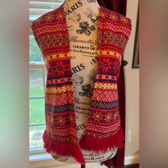 Sears Jackets & Blazers - Vintage 70s Sears Fringe Vest Folk Striped Hippie Boho Floral Bright Red Orange